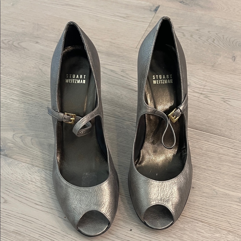 Stuart Weitzman Metallic Gray Peep Toe Heels